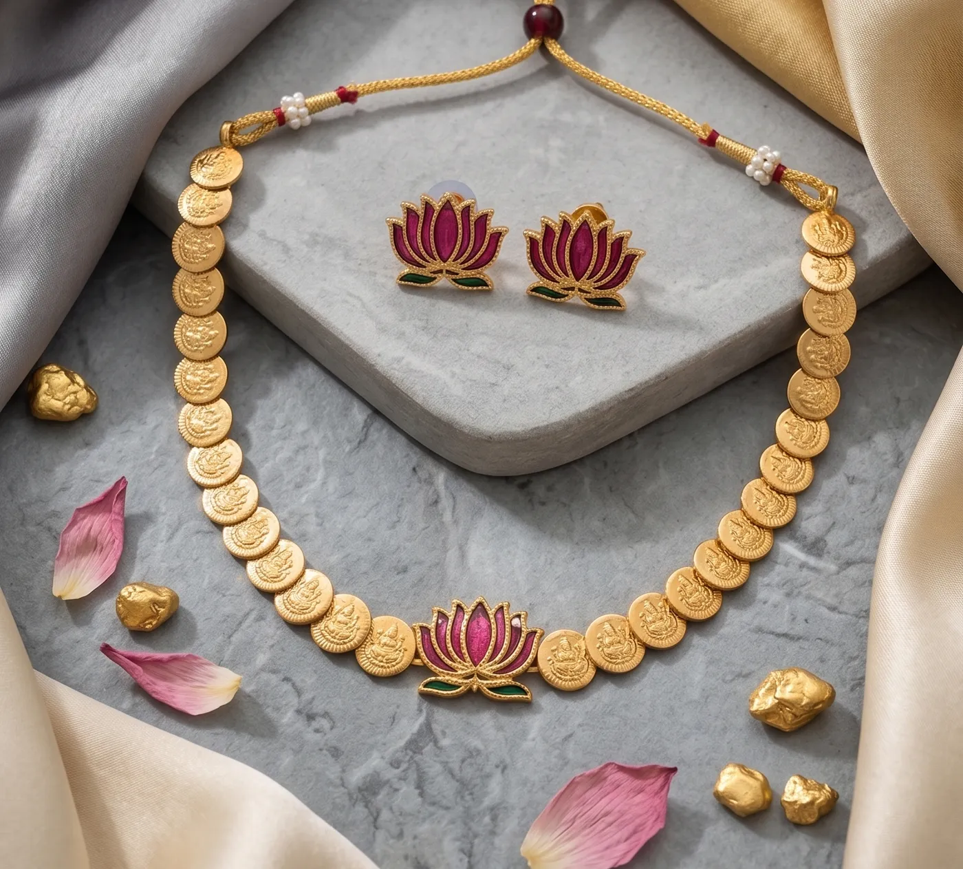Maroon Meenakari Lotus Coin Necklace Set
